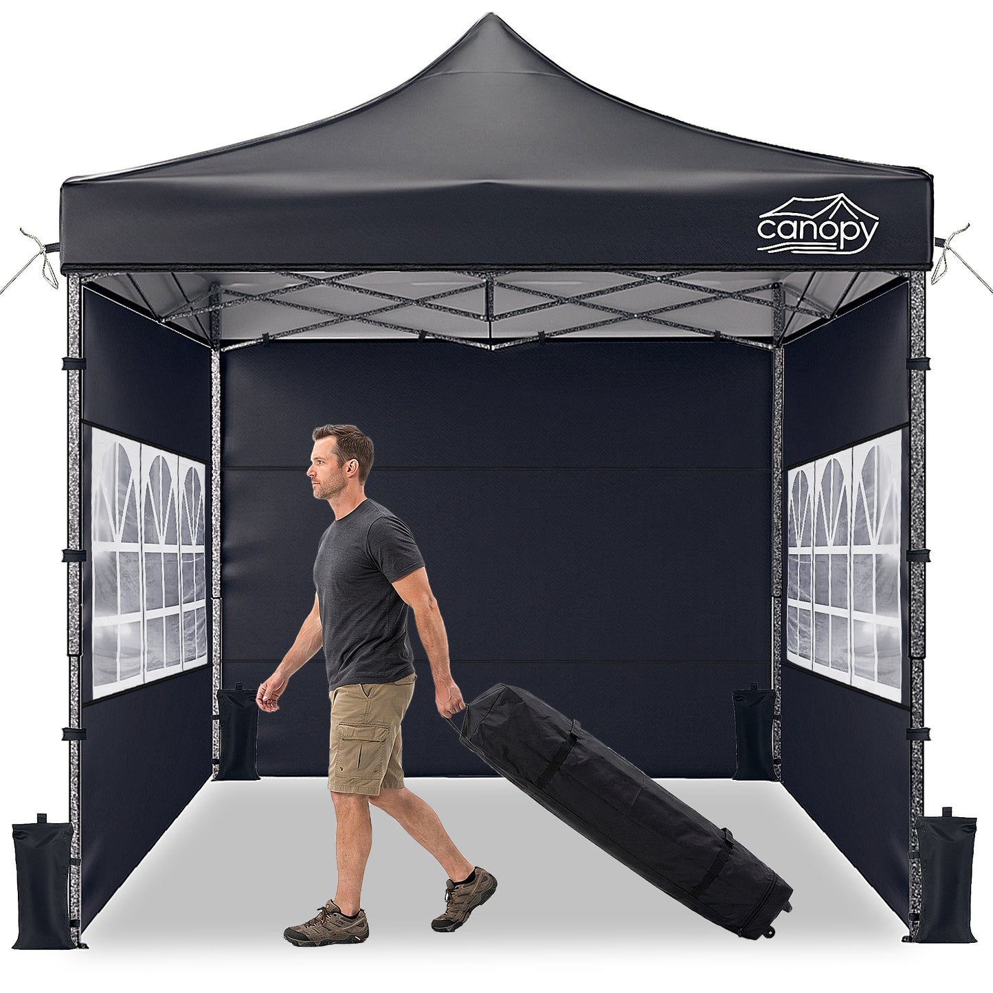 10x10 Pop Up Canopy, 3-in-1 9m Sidewall, Black Speckled Frame, Black Silver-Coated Top UPF50+ WR, 4 Heights 6.7-7.6ft, 1Sidewall+2 Windows, incl Stakes/Sandbags/Ropes/Bag for Market Camping Beach image 1