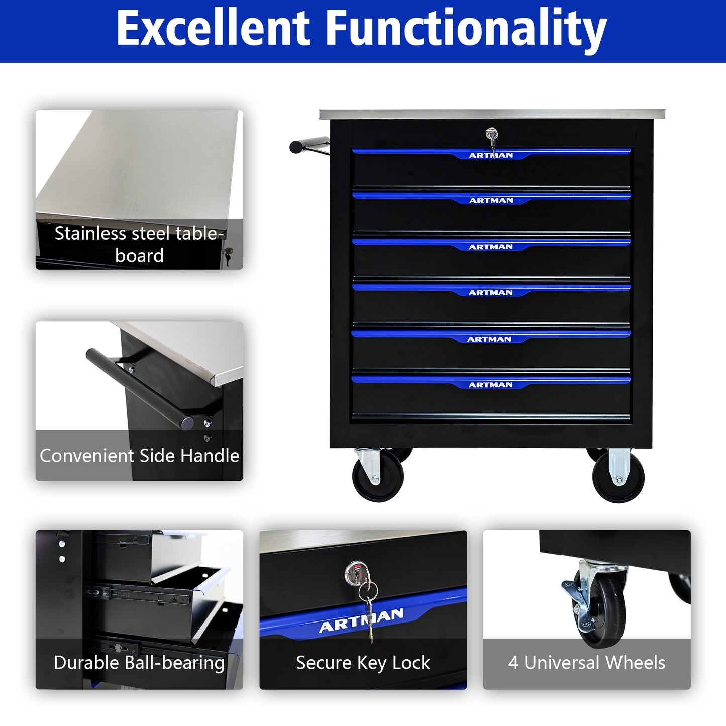 6 DRAWERS MULTIFUNCTIONAL TOOL CART WITH WHEELS-BLACK&BLUE image 5