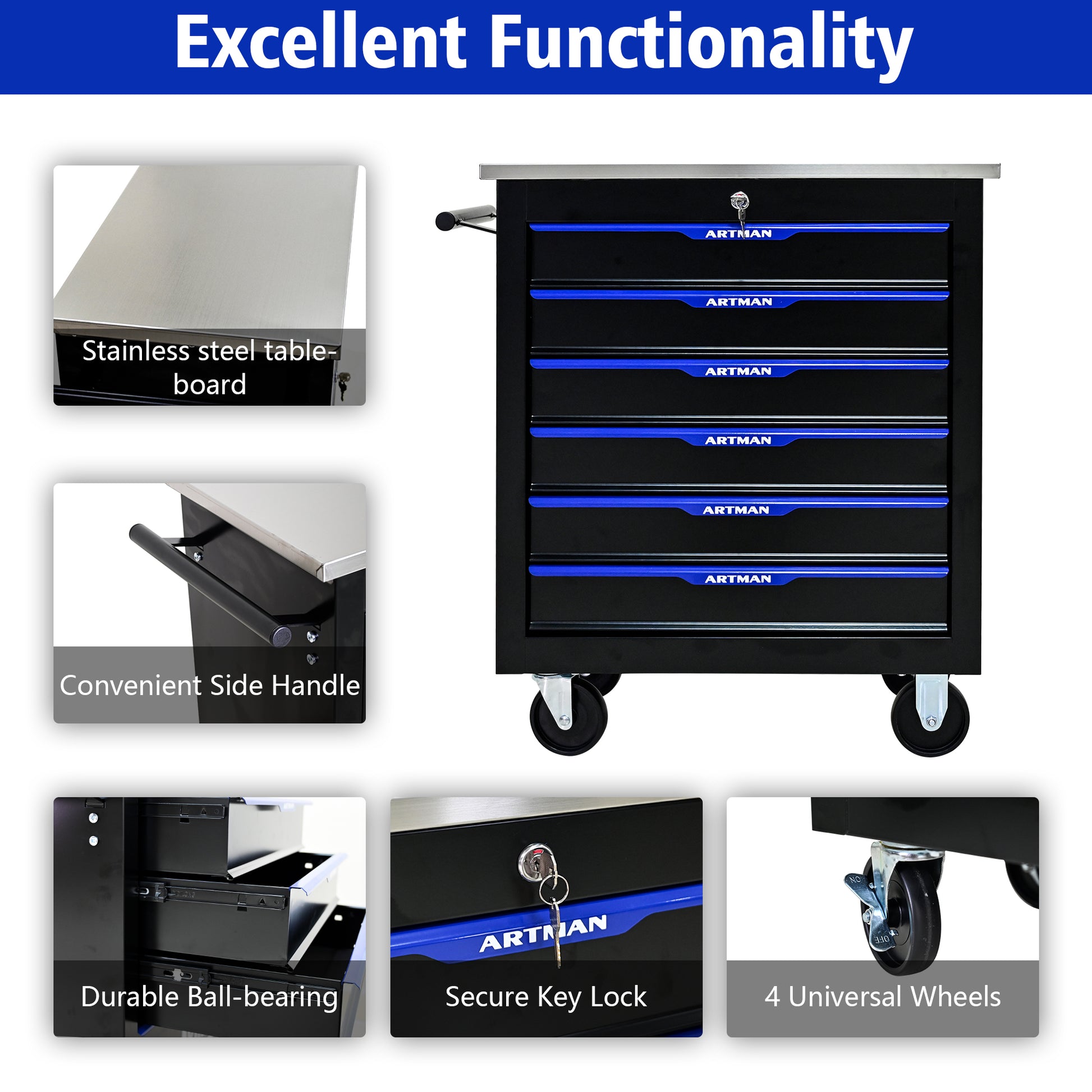 6 DRAWERS MULTIFUNCTIONAL TOOL CART WITH WHEELS-BLACK&BLUE image 5