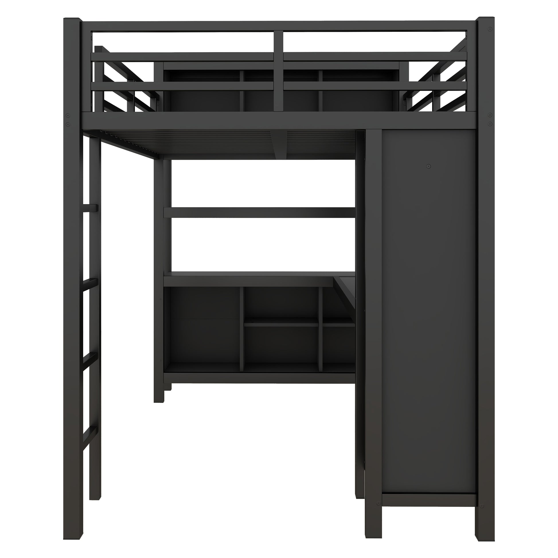 Metal Loft Bed with Wardrobe And L-shaped Desk, Full Size Loft Bed with Storage Cubes and Shelves, Heavy Duty Loft Bed for Kids Teens Adults, Black image 12