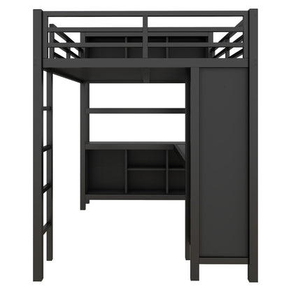 Metal Loft Bed with Wardrobe And L-shaped Desk, Full Size Loft Bed with Storage Cubes and Shelves, Heavy Duty Loft Bed for Kids Teens Adults, Black image 12