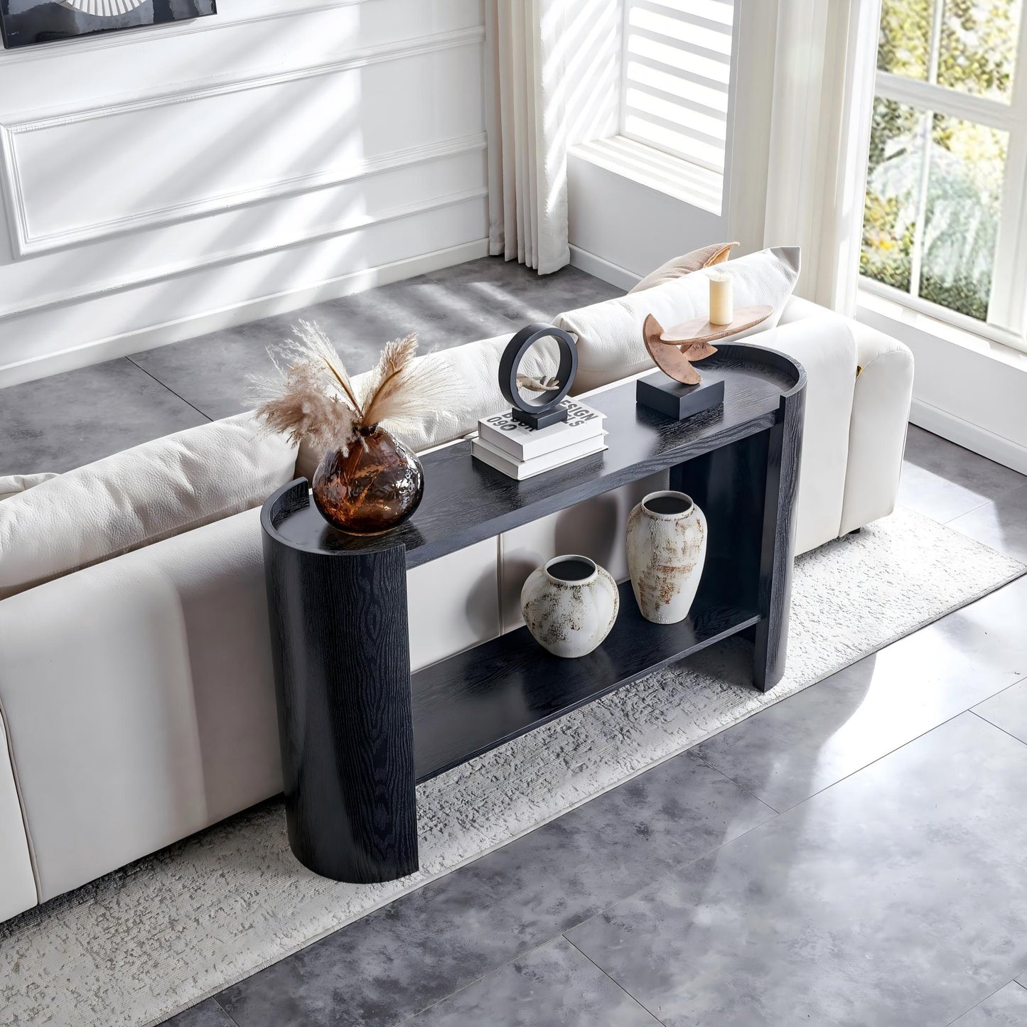 Double-layer Black curved foyer table - Black wood grain minimalist entrance small space living room sofa side table image 7
