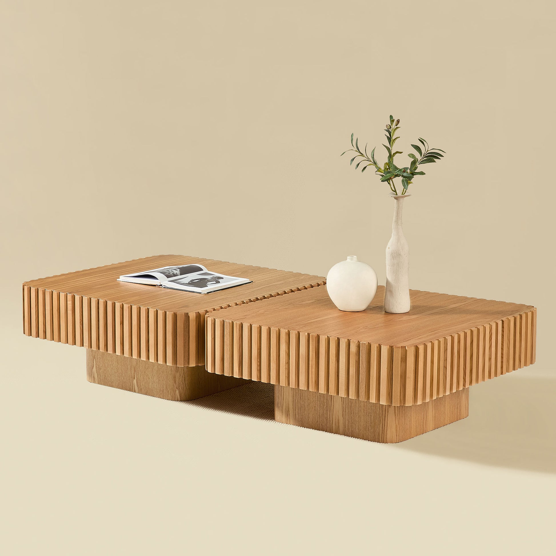 2PCS Set 31.5 Inch Modern Handcraft Drum Coffee Table Square Coffee Table for Living Room,Small Wooden Coffee Table with Sturdy MDF Pedesta,Natural Color image 1