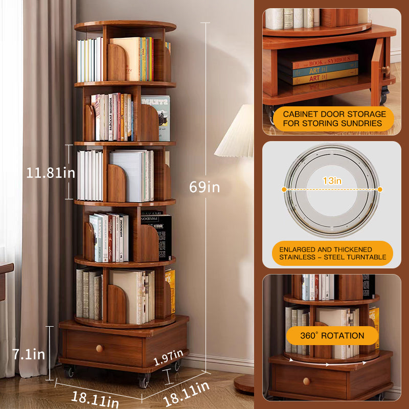 (UPGRADED) Rotating Bookshelf, 360 Display Corner Bookshelf for Small Space, 6 Tier Bookcase Storage Rack with Wheels, Wood Narrow Organizer for Bedroom, Living Room, Study Room, Walnut Brown image 11
