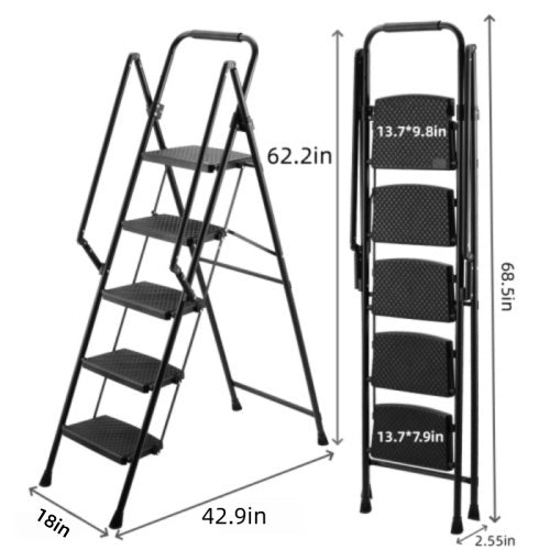5-step ladder, folding ladder stool, with anti slip wide pedals, steel ladder, with safety anti slip handle, lightweight 330 pound portable steel ladder stool in black image 7