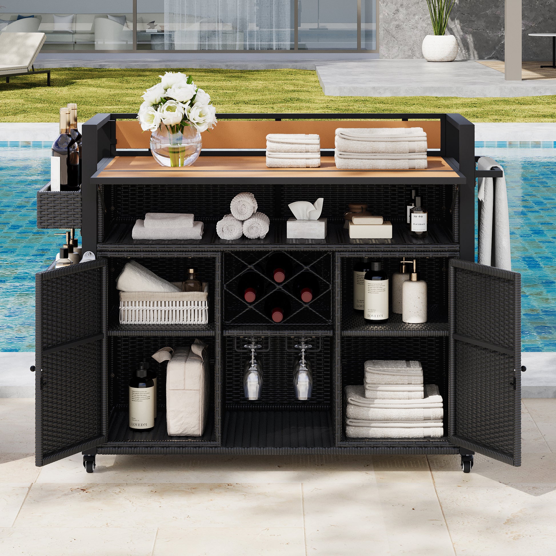 K&K 52.8"W Wicker Outdoor Grill Cart with Extended Plastic Wood Table Top, Rolling Kitchen Island on Wheels with Storage Cabinet, for Patio Backyard Garden Poolside, Double Handle Design, Black Brown image 1