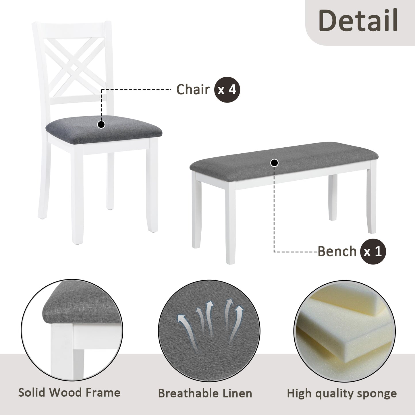 6 Piece Kitchen Dining Set, Rectangular Wooden Dining Table with 4 Upholstered Chairs and a Bench, Dining Table Set for 6 People, Living Room and Kitchen, Grey & White two tone image 7