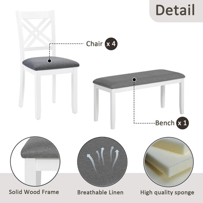 6 Piece Kitchen Dining Set, Rectangular Wooden Dining Table with 4 Upholstered Chairs and a Bench, Dining Table Set for 6 People, Living Room and Kitchen, Grey & White two tone image 7