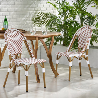 Outdoor PE Ratten and Aluminum French Bistro Chairs, Set of 2, Rusted Red & White, Bamboo Print Finish image 1