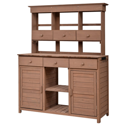 [Assembly Video Provided] TOPMAX 65.7'' H Tall Garden Potting Bench Table with Hutch,Patio Storage Workstation with 3 Shelves,6 Drawers,2 Bottom Cabinets&Side Hooks for Mudroom,Doorway, Brown image 8