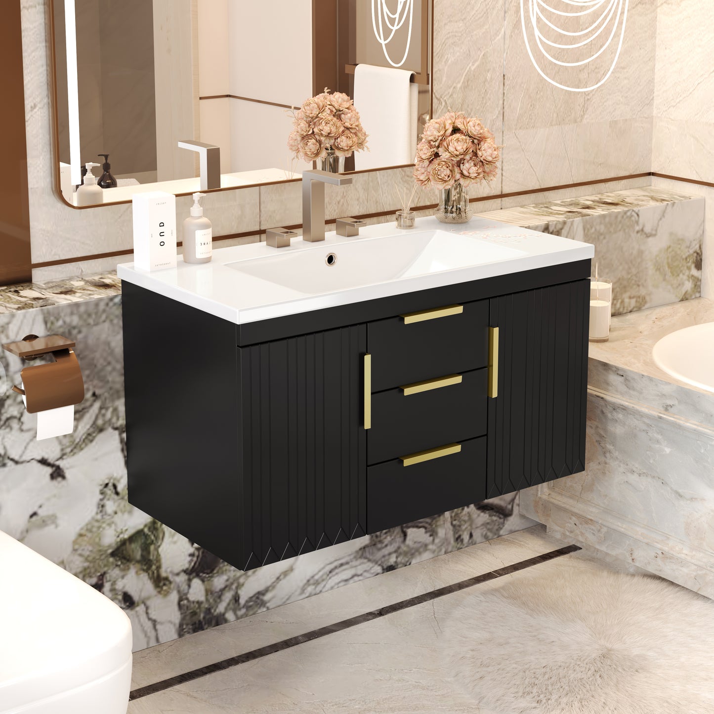 36'' Wall Mounted Bathroom Vanity with Resin Sink, Floating Bathroom Storage Cabinet with 2 Drawers, Solid Wood Bathroom Cabinet (Same as N710S236003B) image 3
