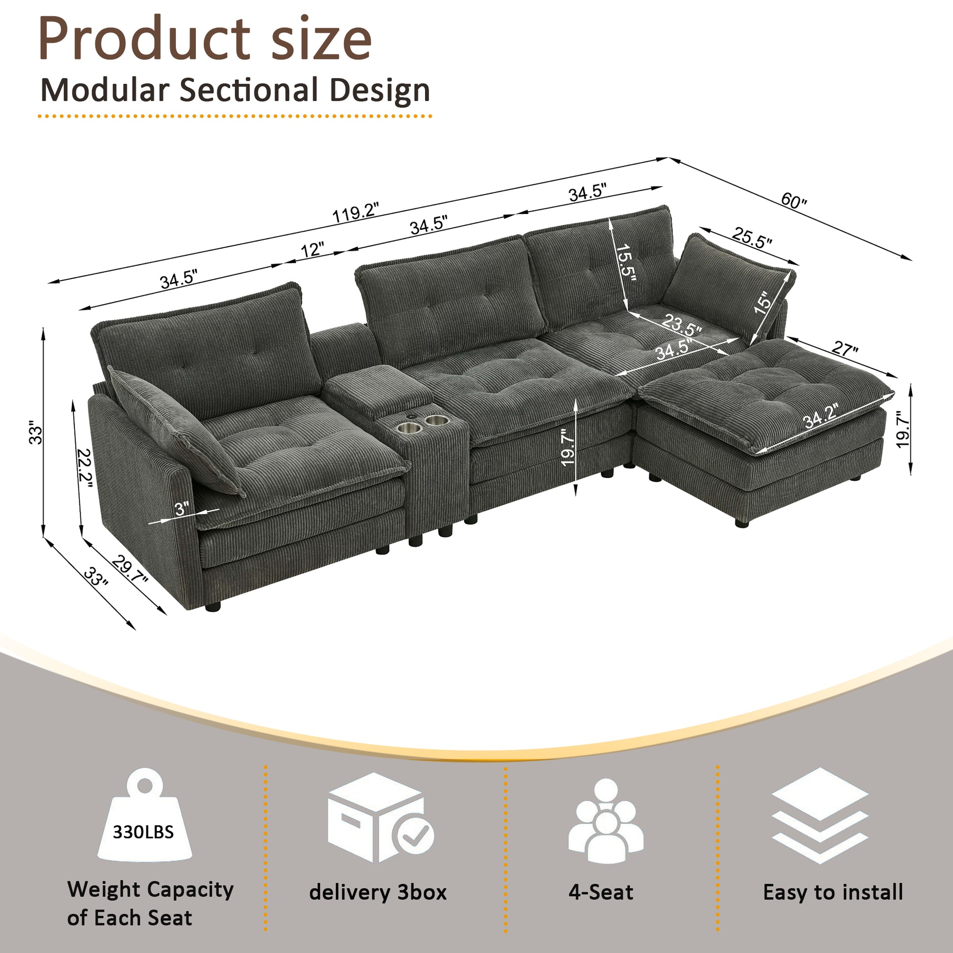 119" L-Shaped Oversized Corduroy Modular Sectional Sofa with 1 Ottoman and Multi Functional Console, 4-Seater Upholstered Couch with USB and 2 Cup Holder, Easy Assembly, for Living Room, Grey image 9
