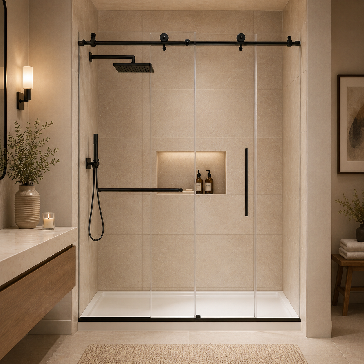 56-60" W x 76" H Frameless Sliding Shower Door, 1/4" (6mm) Clear Tempered Glass with Safety Film and Nano Coating, Stainless Steel Round Rail, Matte Black image 2
