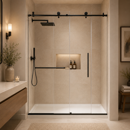 56-60" W x 76" H Frameless Sliding Shower Door, 1/4" (6mm) Clear Tempered Glass with Safety Film and Nano Coating, Stainless Steel Round Rail, Matte Black image 2