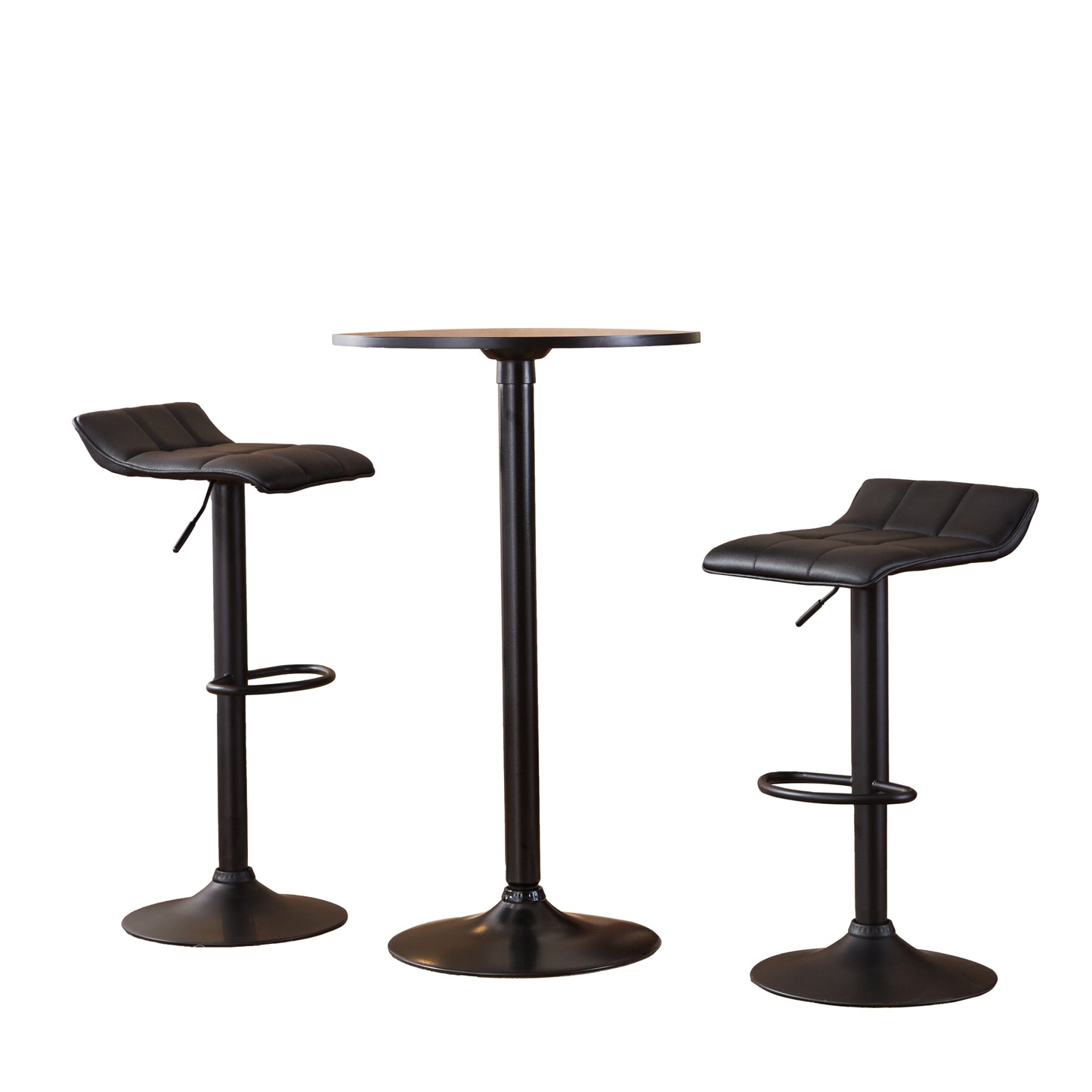 Belham Black Round Top with Black Leg And Base Metal Bar Table and 2 Swivel Black Bonded Leather Adjustable Bar Stool Bar Sets image 5