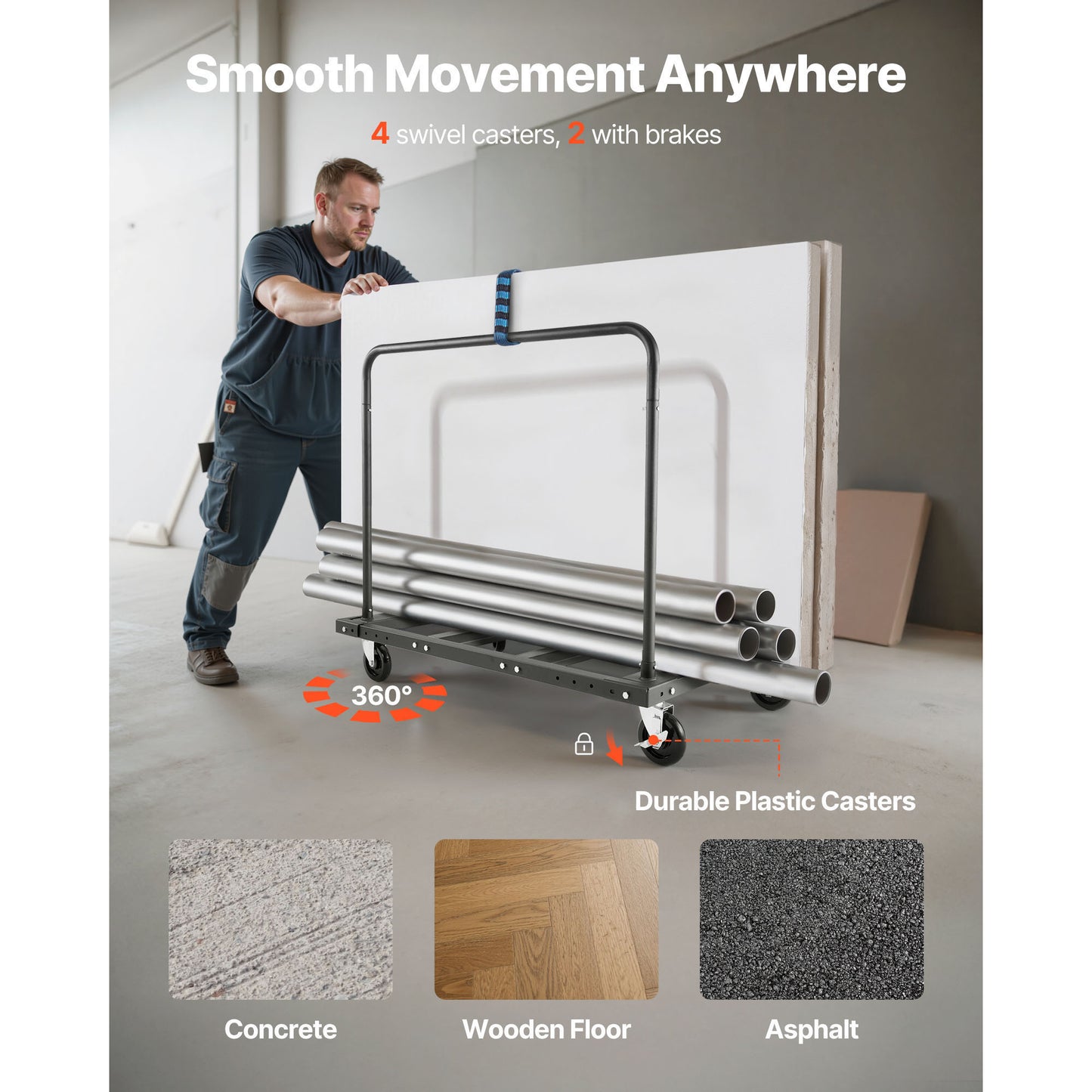 Drywall Cart Dolly, 1800 lbs Load Capacity, Steel Panel Truck Cart with 5 inch Swivel Casters, Lumber Drywall Dolly with Tie-Down Strap & 2 Side Handrails for Factory, Warehouse, Garage, Black image 8