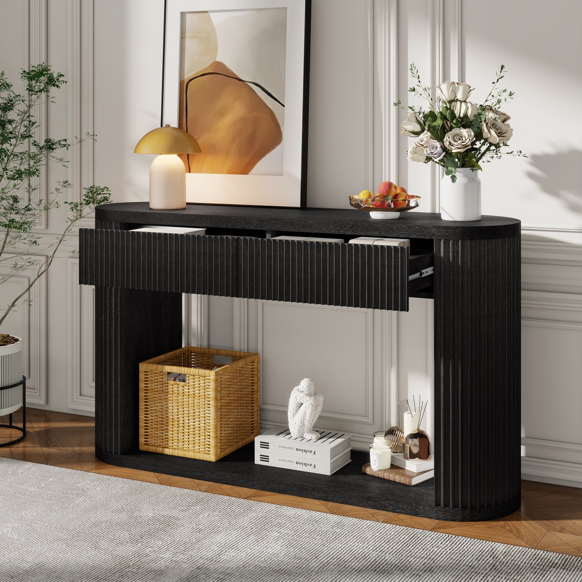TREXM Oval Fluted Console Table with 2 Drawers and Bottom Shelf, Wood Entryway Table with Smooth Metal Slides for Living Room, Entryway (Black) image 1
