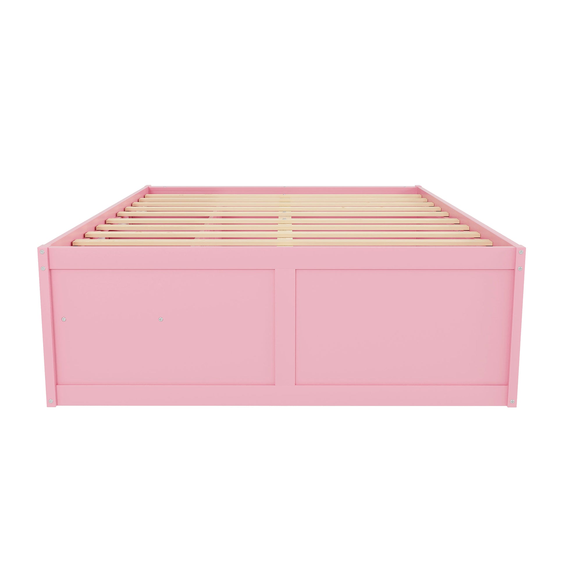 Queen Size Wooden Platform Bed with Bookshelf, Display Cabinet, LED Light and Drawer, Pink+White image 9
