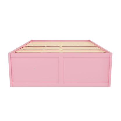 Queen Size Wooden Platform Bed with Bookshelf, Display Cabinet, LED Light and Drawer, Pink+White image 9