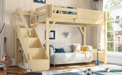 Twin Size Loft Bed with Built-in Wardrobe and Storage Space, Solid Wood Loft Bed with Beside Shelves, Full-length Guardrails and Stairs, No Box Spring Needed, Natural image 12