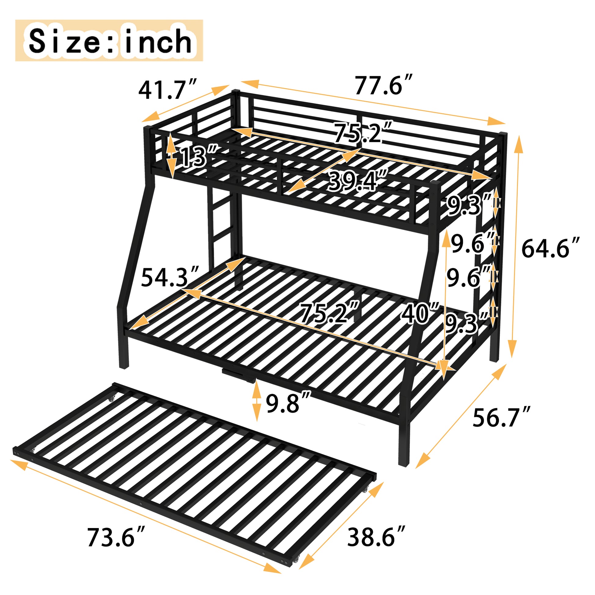 Twin over Full Metal Bunk Bed with Twin Size Trundle, Black image 4