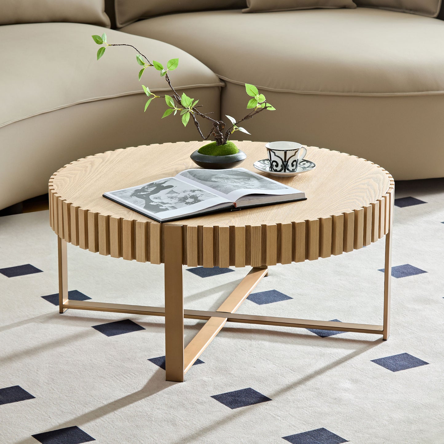 Modern Handcraft Drum Coffee Table 31.5 inch Round Coffee Table for Living Room,Small Coffee Table with Sturdy Pedestal,Natural Ash image 1