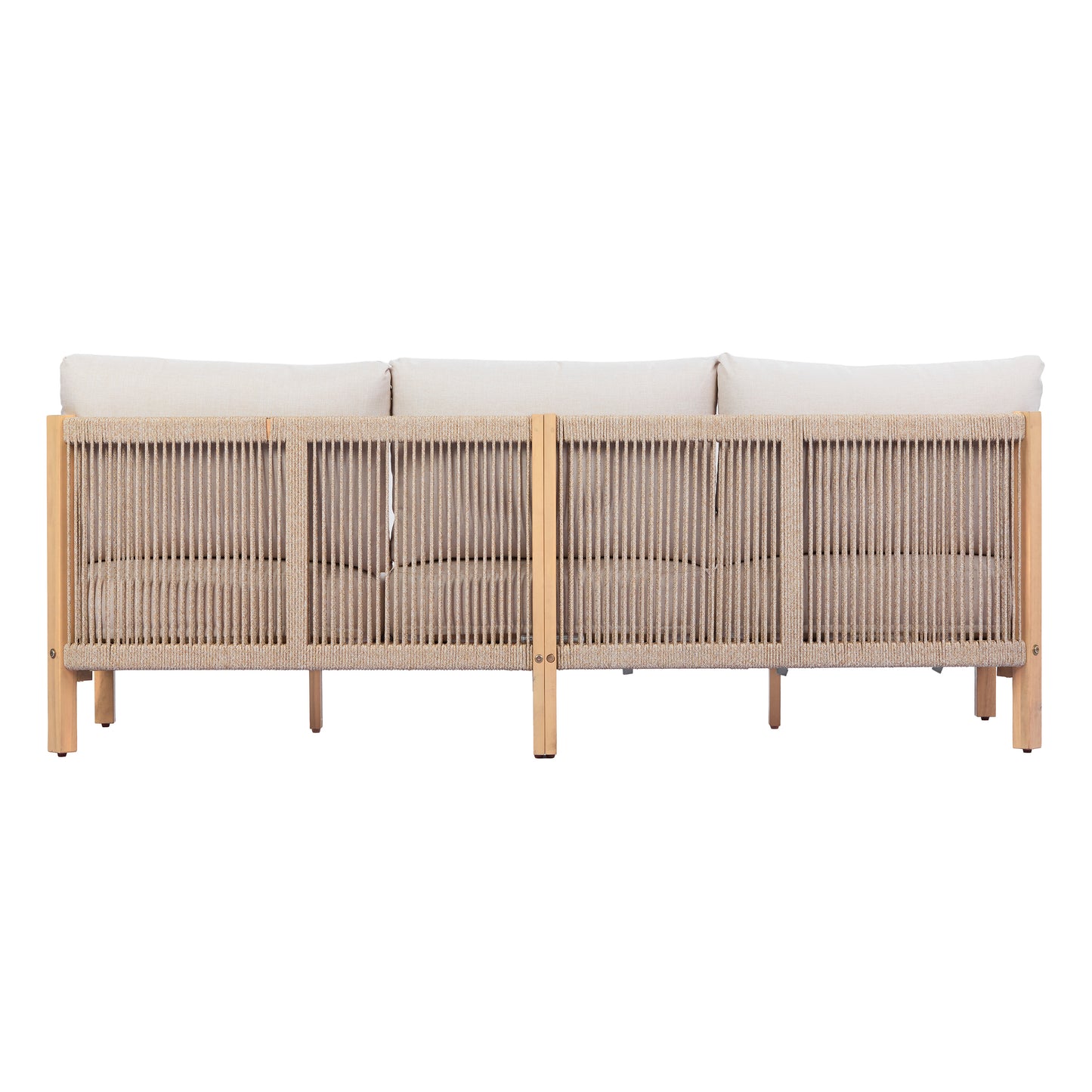 73.23" outdoor acacia wood frame, rope-braided backrest three-seater sofa (Light Teak+Beige Rope+Beige Cushion) image 8