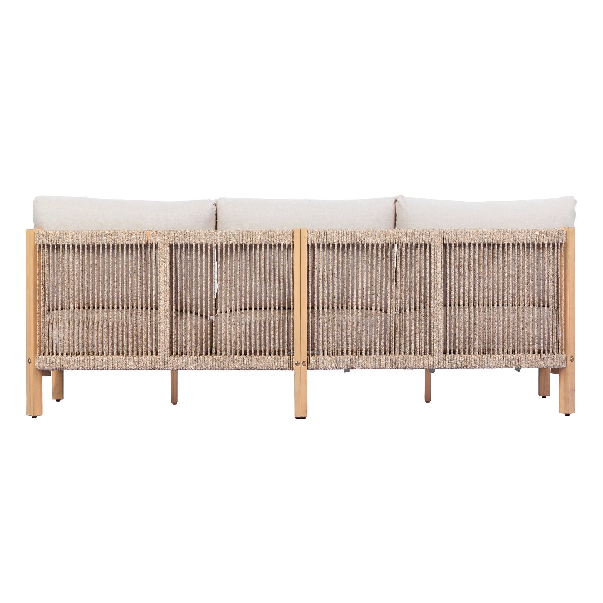 73.23" outdoor acacia wood frame, rope-braided backrest three-seater sofa (Light Teak+Beige Rope+Beige Cushion) image 8
