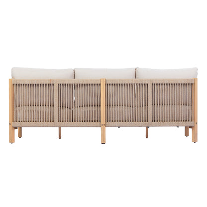 73.23" outdoor acacia wood frame, rope-braided backrest three-seater sofa (Light Teak+Beige Rope+Beige Cushion) image 8