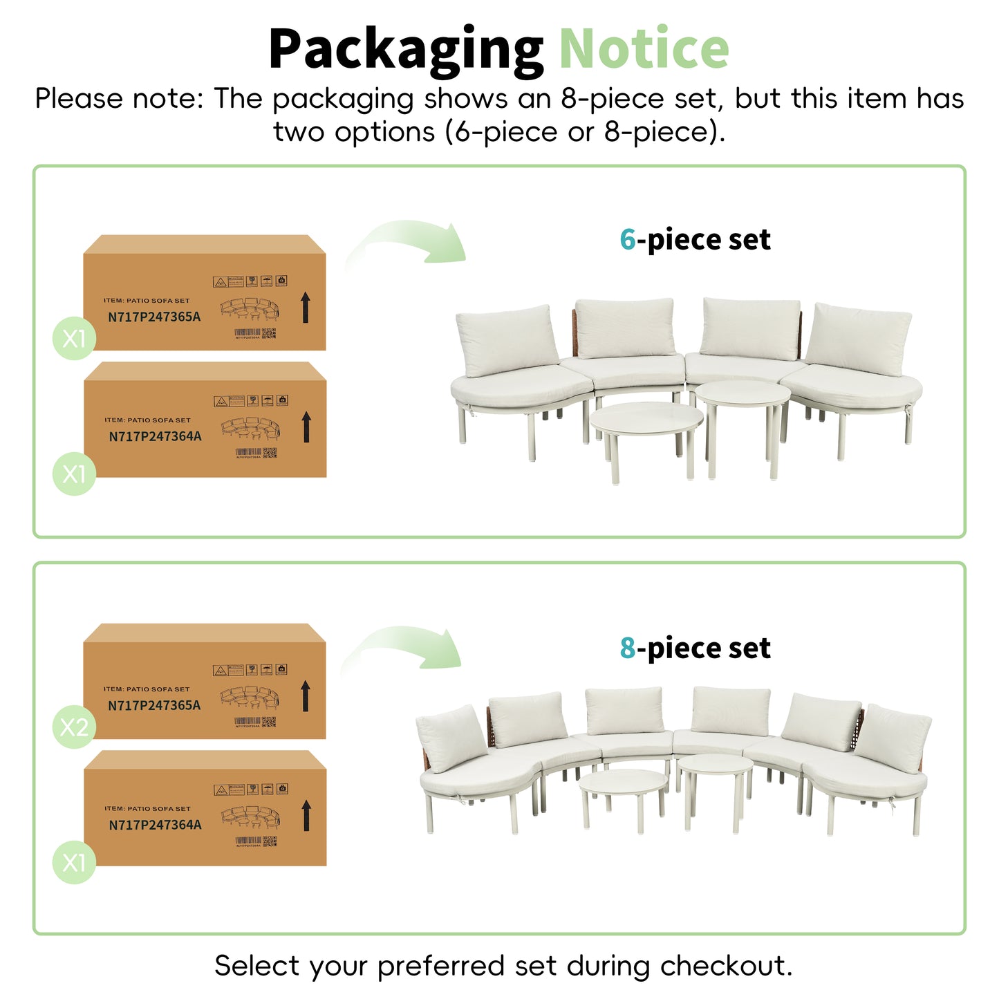 TOPMAX 8-Piece Patio Sofa Furniture Set, Half Moon Outdoor Sectional Sofa with 2 High-Low Coffee Tables, PE Wicker Rattan, Tempered Glass, 6 Pillows & Cushions, for Backyard, Garden, Poolside,Beige image 9
