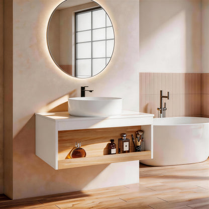 30" Floating Bathroom Vanity with Glossy White Round Vessel Sink, Wall-Mounted Vanity with Open Shelf Storage, White Finish with Durable Countertop, Space-Saving Modern Design (Ships in 2 Boxes) image 3