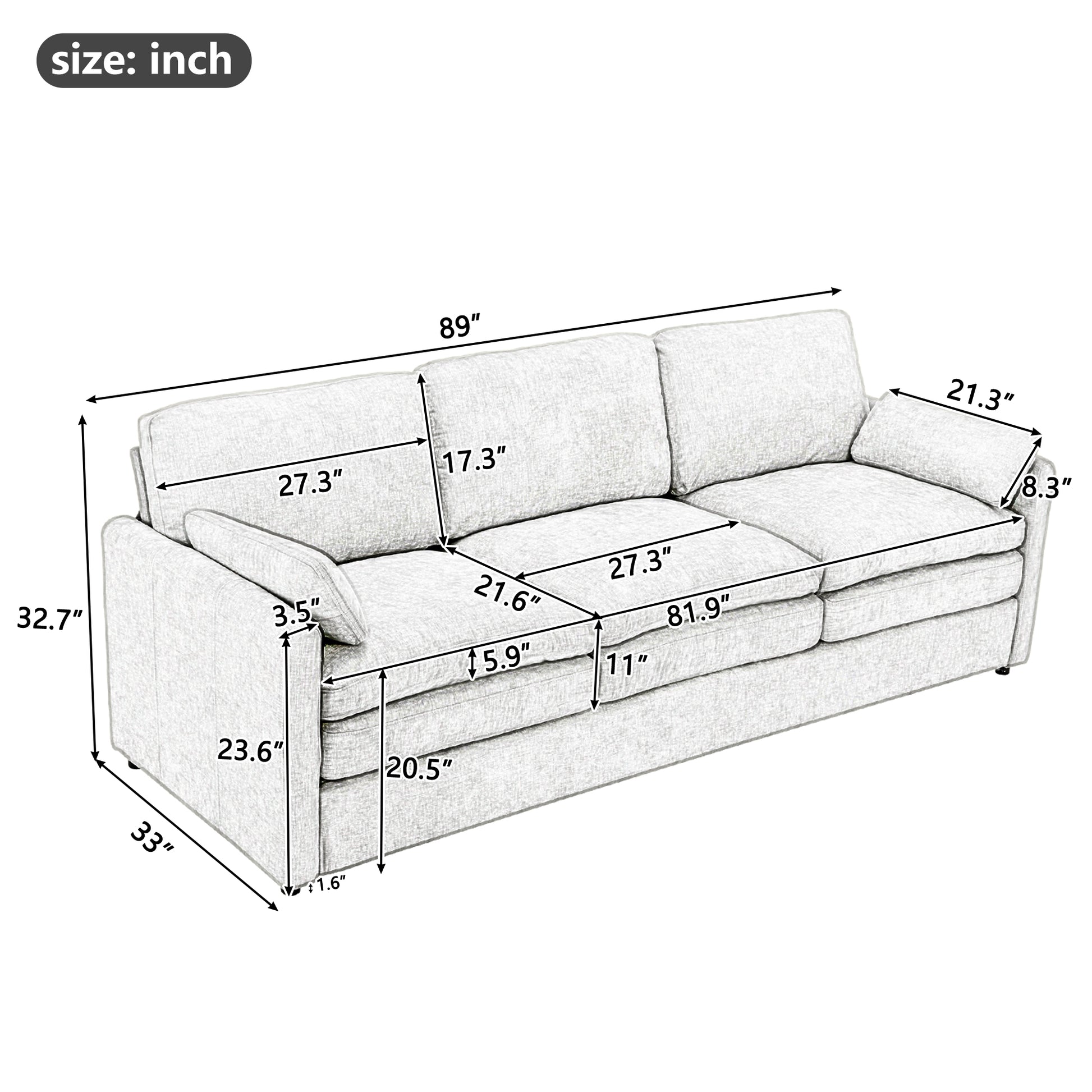 89" Cozy Upholstered 3-seater Sofa Oversized Comfy Cloud Sofa Double Cushion 3-seater Sofa Plush Cushion Sofa Couch for Living Room, Beige image 10
