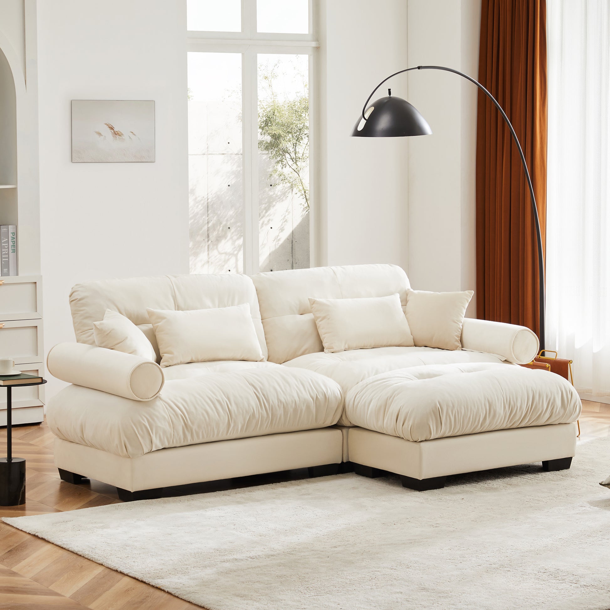 Over Size Modern Two-seater Sofa with Ottoman, Velvet 2-Seater with Round Bolster Armrests,With Waist Pillow and Throw Pillows,Small L Shape Sofa For Living Room, Reading Room, Loft and Bedroom,Cream image 3