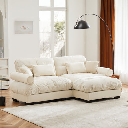 Over Size Modern Two-seater Sofa with Ottoman, Velvet 2-Seater with Round Bolster Armrests,With Waist Pillow and Throw Pillows,Small L Shape Sofa For Living Room, Reading Room, Loft and Bedroom,Cream image 3
