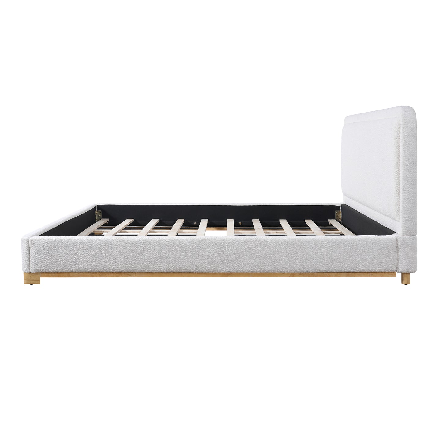 California King Size Bed Frame With Boucle Upholstered Curved Headboard, Solid Wood Base And Legs, White image 9