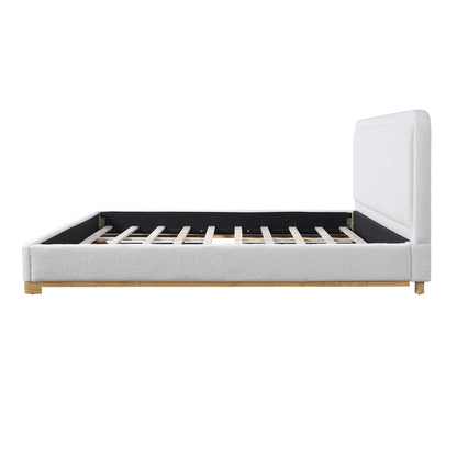 California King Size Bed Frame With Boucle Upholstered Curved Headboard, Solid Wood Base And Legs, White image 9