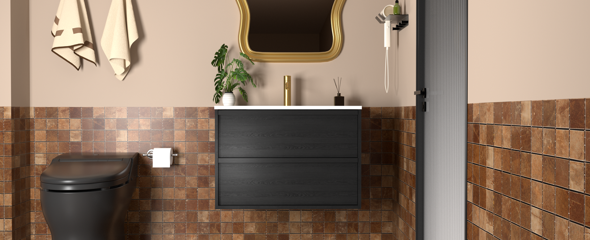 30 Inch Bathroom Vanity Cabinet With Ceramic Sink - Gray Wall Mounted Floating Fluted Vanity With Drawers, Modern image 3