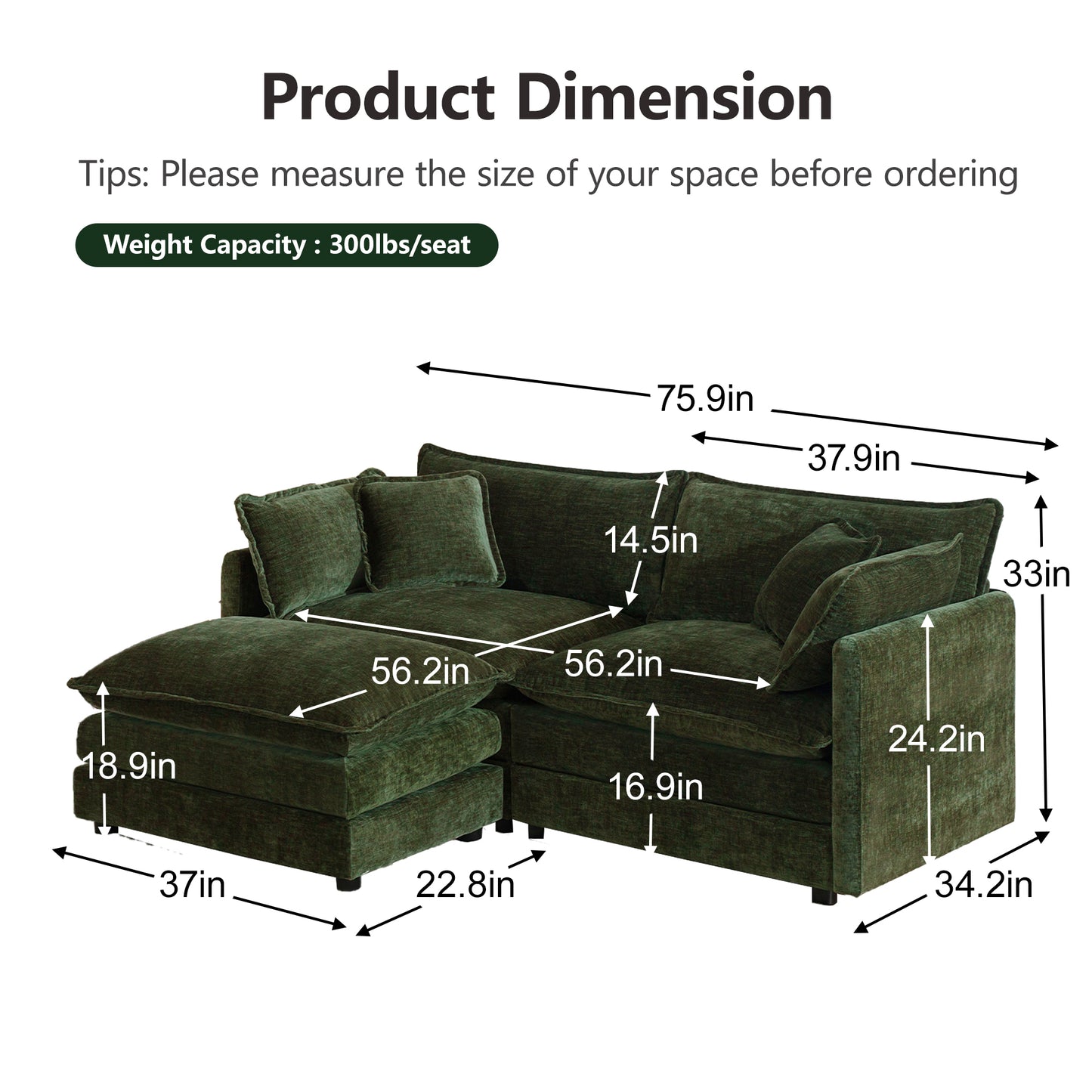 4 - Piece Upholstered Sectional Sofa, 1 - Piece of 2 Seater Sofa and 2- Piece of Ottomans, 2 Seater Loveseat Lounge with Ottomans, Green Chenille image 3