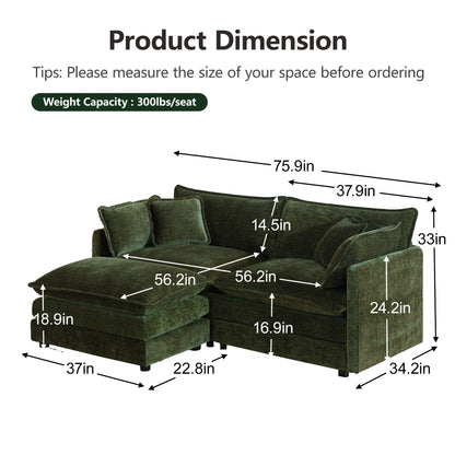 4 - Piece Upholstered Sectional Sofa, 1 - Piece of 2 Seater Sofa and 2- Piece of Ottomans, 2 Seater Loveseat Lounge with Ottomans, Green Chenille image 3