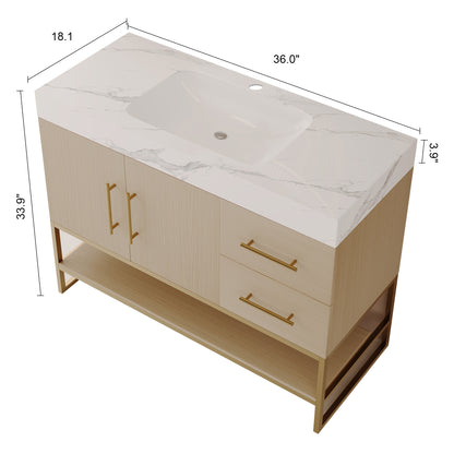 36" Modern Free-Standing Bathroom Vanity with Seamless Ceramic Sink & Sintered Stone Top image 9
