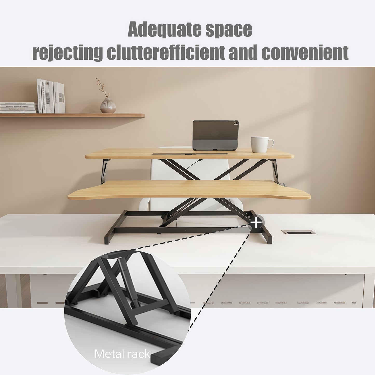 32 Inch Desk Converter, Height Adjustable Sit to Stand Riser, Dual Monitor and Laptop Workstation with Wide Keyboard Tray, Standing Computer Desk, Natural Color image 4