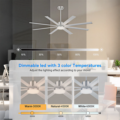 72 INCH Industrial PM DC Motor Ceiling Fan with Light, 8 PCS Aluminum Blades,6-Speed Remote Control, Adjust Height (3 Down rods) Commercial Ceiling Fan For Porch/Garage/Shop-Sliver image 11