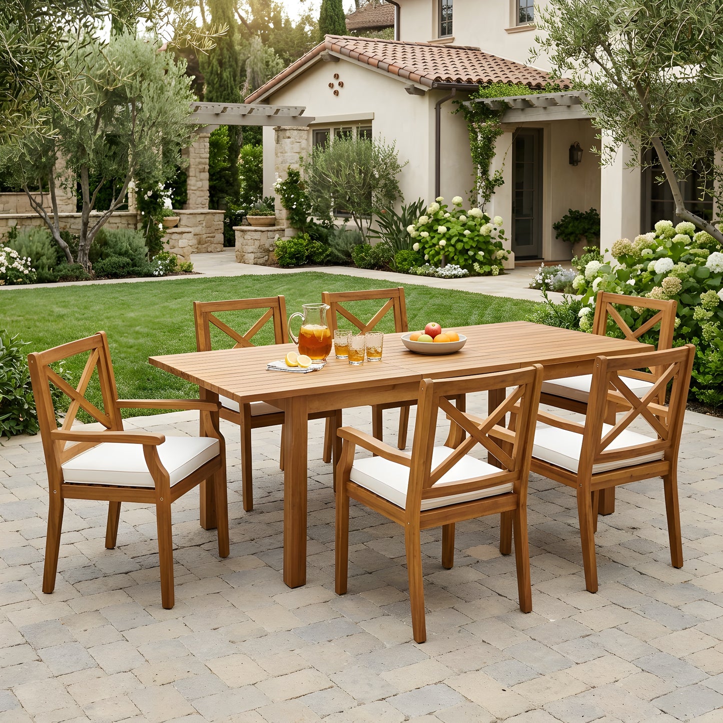 7 Pieces Acacia Wood Outdoor Dining Set with Cream Cushions,Modern 6 Chairs 1 Large Table,Dining Furniture Set for Lawn, Backyard, Garden Deck,Poolside,Teak image 1