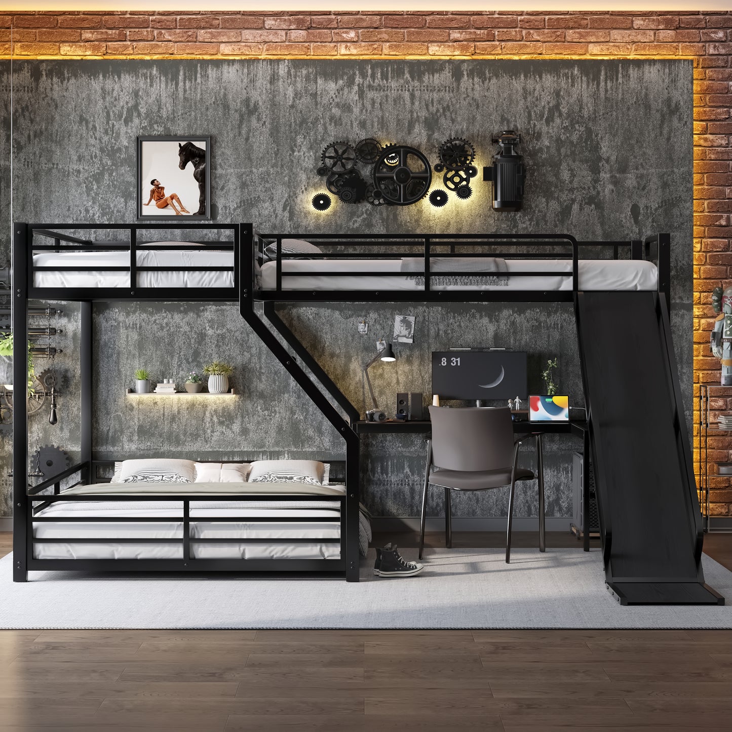 L-Shaped Twin XL over Queen Bunk Bed with Twin Size Loft Bed, Metal Triple Bunk Bed with Slide and USB Ports, Space-saving and Noise-free Design, Black image 3