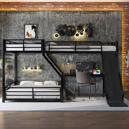 L-Shaped Twin XL over Queen Bunk Bed with Twin Size Loft Bed, Metal Triple Bunk Bed with Slide and USB Ports, Space-saving and Noise-free Design, Black image 3