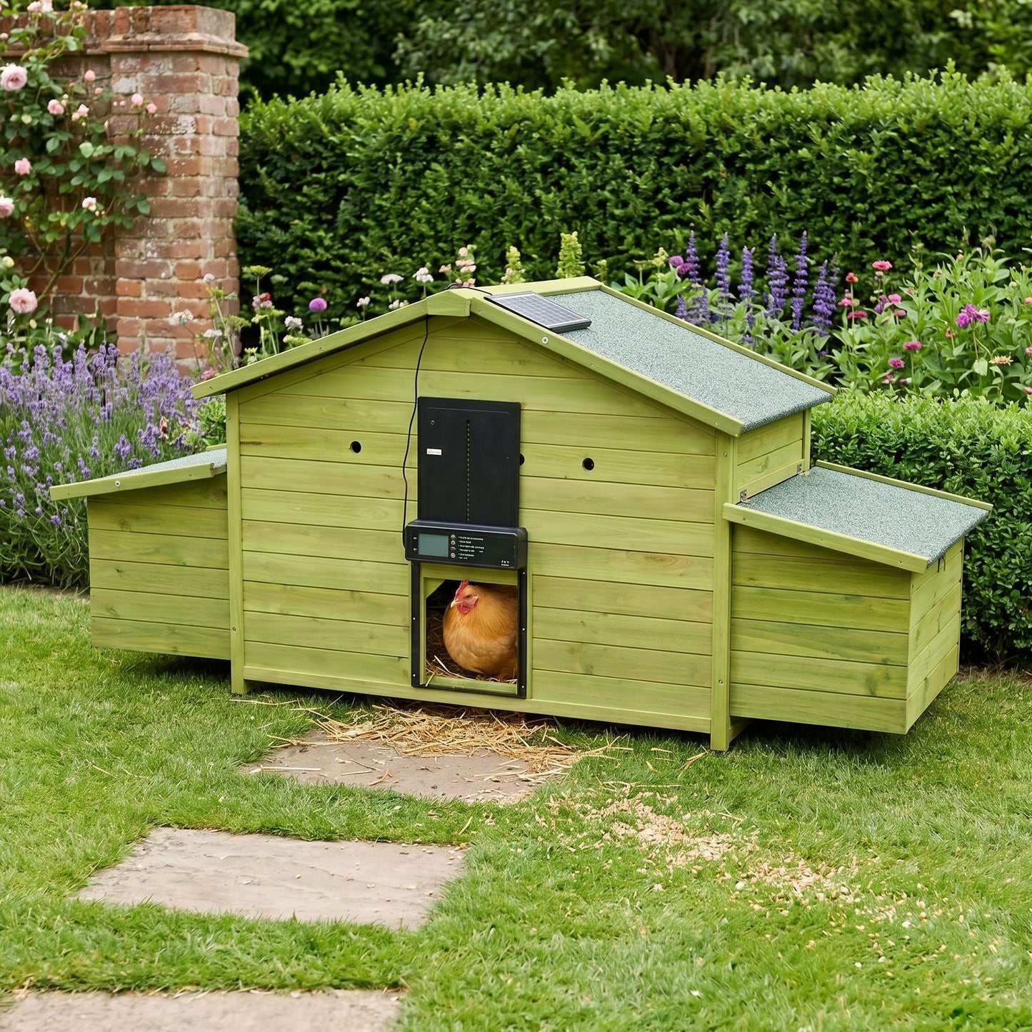 70" Automatic Chicken Coop with Solar-Powered Door, Weatherproof Design, Ventilated, with 2 Nesting Boxes, Timer & Light Sensor – Outdoor Chicken House with Pull-Out Tray and a remote. image 1