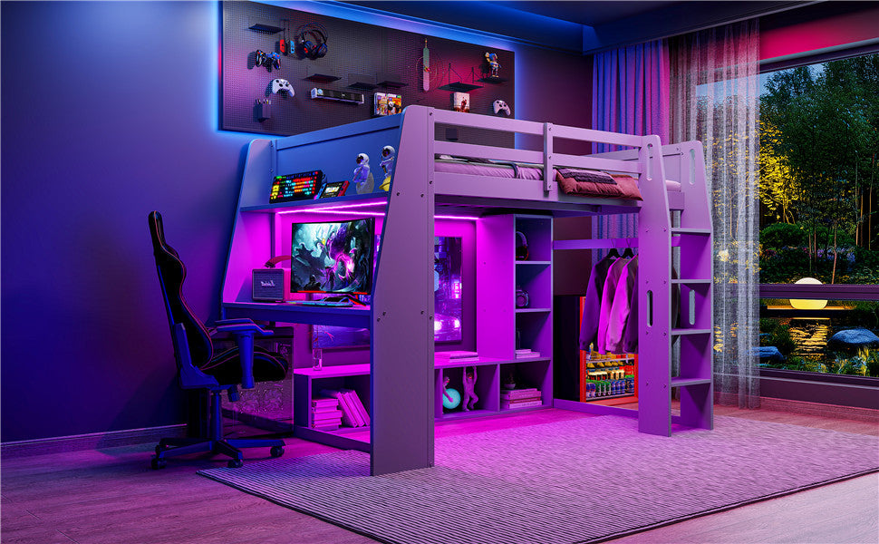 Wood Full Size Gaming Loft Bed with Desk, Multi-storage Shelves, LED and a Hanging Clothes Rack, Gray(Old SKU:N7090001042E) image 6
