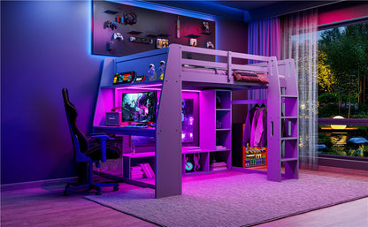 Wood Full Size Gaming Loft Bed with Desk, Multi-storage Shelves, LED and a Hanging Clothes Rack, Gray(Old SKU:N7090001042E) image 6
