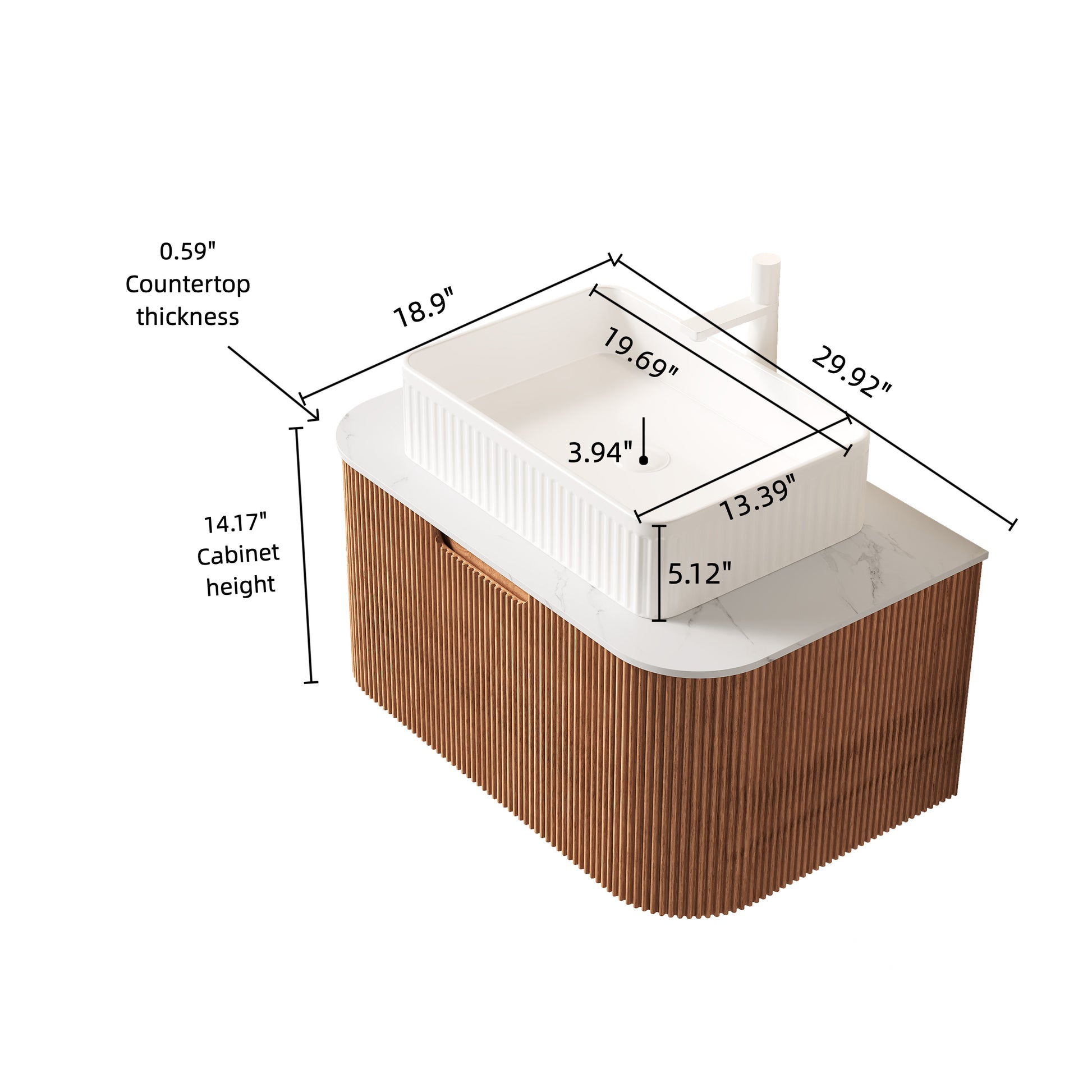 DINA 30" Bathroom Vanity with Sink, Wall-Mounted Floating Curved Edges Striped Bathroom Storage Cabinet with Drawer, White Rectangular Ceramic Basin, No Faucet, Pre-assembled, Natural Woodgrain Color image 5