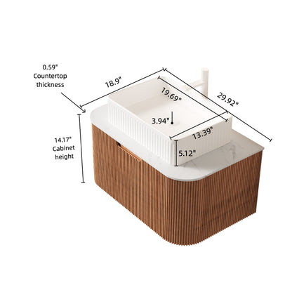 DINA 30" Bathroom Vanity with Sink, Wall-Mounted Floating Curved Edges Striped Bathroom Storage Cabinet with Drawer, White Rectangular Ceramic Basin, No Faucet, Pre-assembled, Natural Woodgrain Color image 5